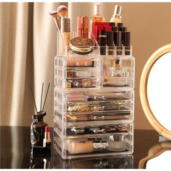 Clear Makeup Organizer Stackable 9 Drawer Vanity Storage for Skincare Jewelry - Picture 3 of 7